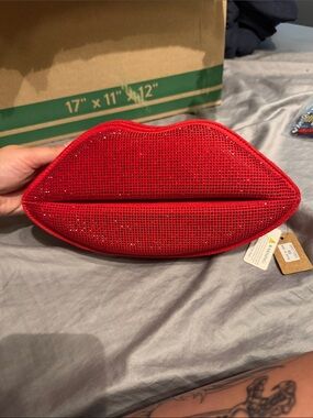 Red Sequin Lip-Shaped Wristlet Clutch